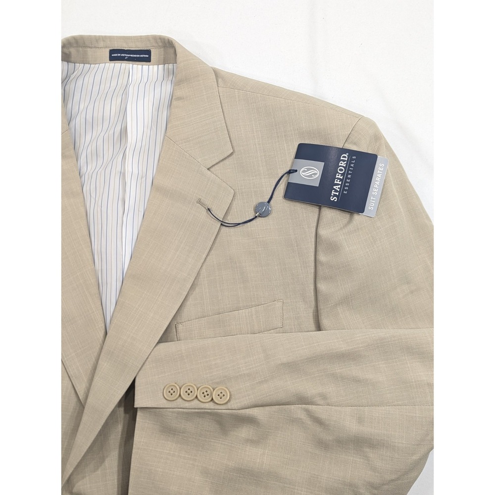 NWT Stafford Blazer Sport Coat Suit‎ Jacket Polyester Beige Crosshatch 44R 48"